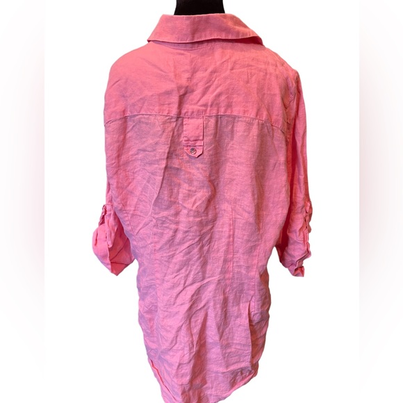 Soft Surroundings Pink Linen Boho Casual Button Up Roll Tab Sleeve Utility Top - Picture 6 of 7